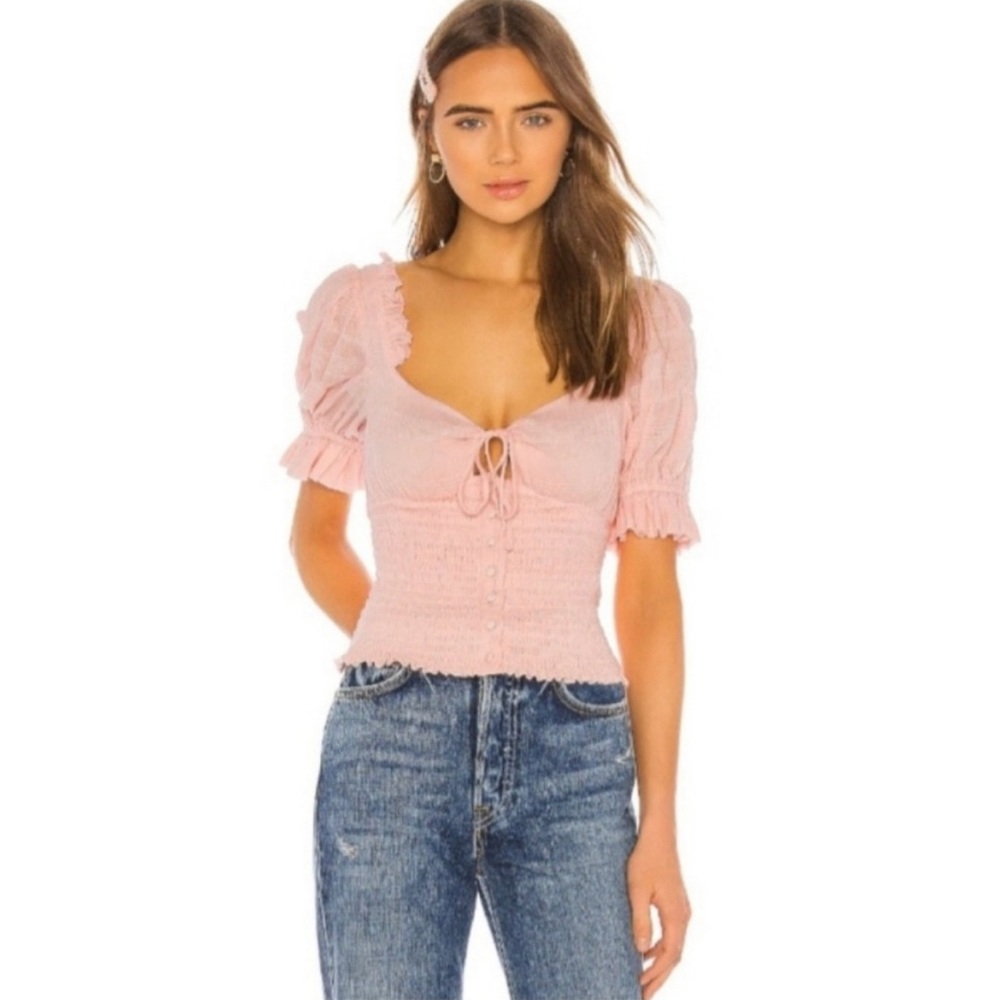 》 Tularosa Cooper Pink Button Front Ruffle Puff Sleeve Smocked Cropped Top
